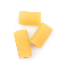 Raw rigatoni pasta isolated on white, top view
