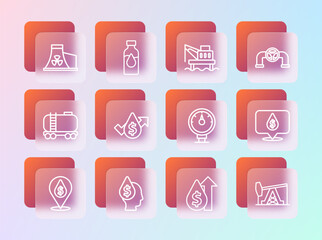 Set line Oil pipe with valve, drop dollar symbol, Motor gas gauge, price increase, platform the sea, Nuclear power plant and petrol test tube icon. Vector