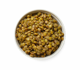 Delicious lentils in bowl isolated on white, top view