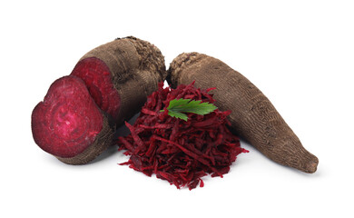Whole, cut and grated red beets isolated on white