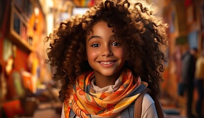 Close-up portrait of a joyful young African girl with curly hair, wearing a vibrant outfit and smiling brightly