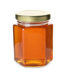 Tasty natural honey in glass jar isolated on white