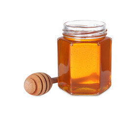 Tasty natural honey in glass jar and dipper isolated on white