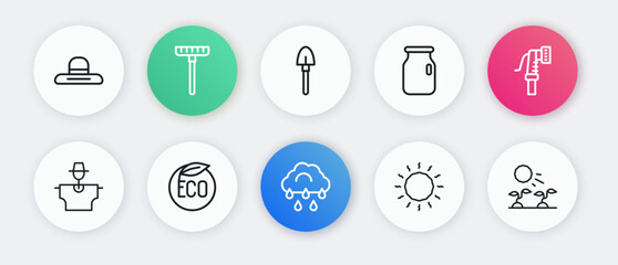 Set line Cloud with rain, Garden hose, Scarecrow, Sun, Glass jar screw-cap, Shovel, Plant sprouts grow the sun and Eco healthy food icon. Vector