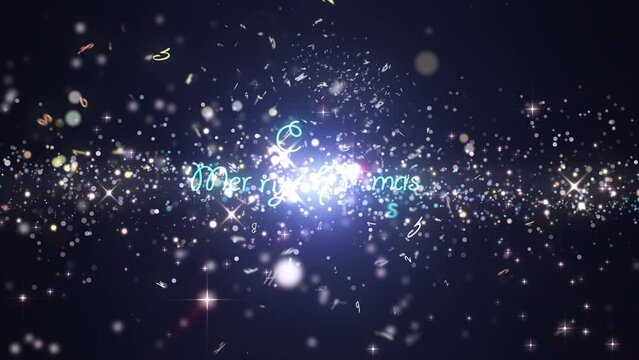 Fireworks in the night sky. Text MERRY CHRISTMAS. Motion graphics 4K