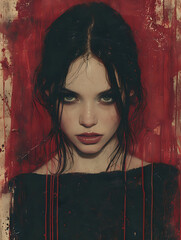 watercolour painting of scary women on a strong dark red background