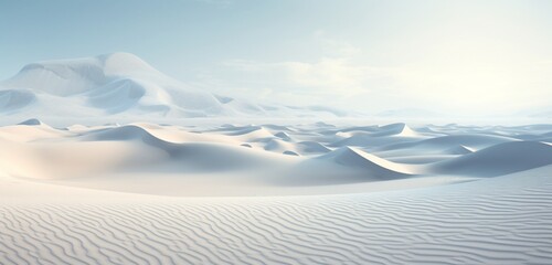 Surreal desert landscape with hyper-realistic sand dunes shaped like colossal waves, frozen in a moment of perpetual motion. Mirage.