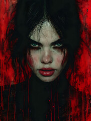 watercolour painting of scary women on a strong dark red background