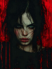watercolour painting of scary women on a strong dark red background