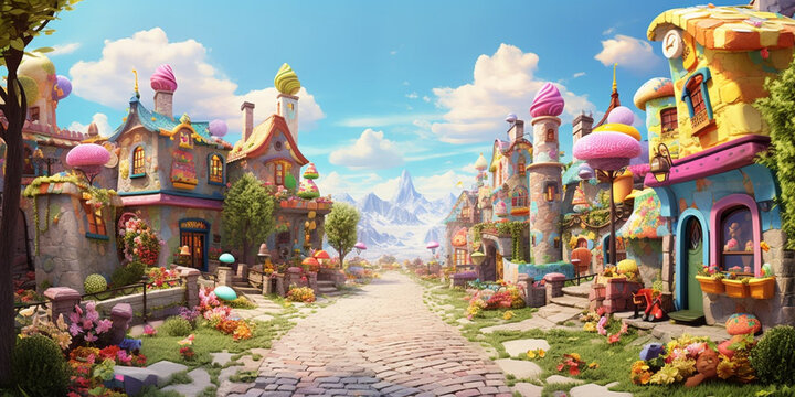Generated fantasy illustration of a small cute candy land,Pink Wonderworld Image,A vibrant and energetic summer carnival with colorful decorations
