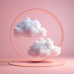 A serene sky filled with fluffy clouds, forming a delicate pink circle that evokes feelings of tranquility and whimsy