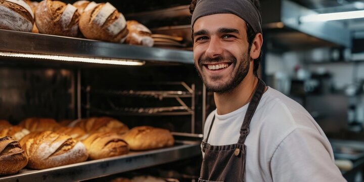 Smiling baker with a tray of fresh bread