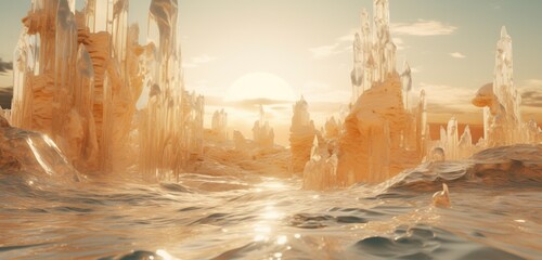 Surreal desert with ground covered in hyper-realistic crystalline formations, refracting the light of distant suns with unparalleled precision. Refraction.