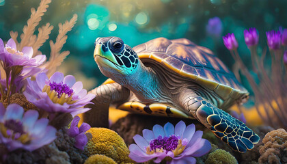 Kolorowy żółw pod wodą, dekoracja tapeta, generative ai