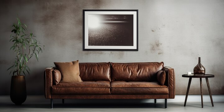 living room with brown leather sofa, space for text, photographic