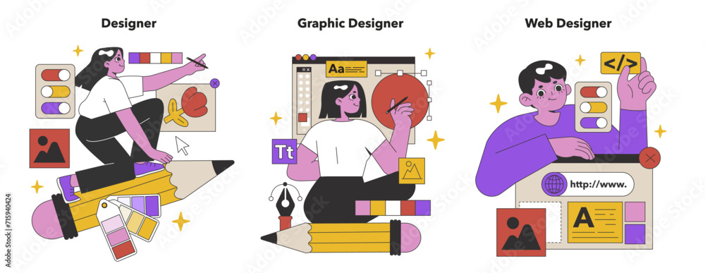 Poster creative designers at work set. enthusiastic artists engaged in graphic and web design, crafting vis