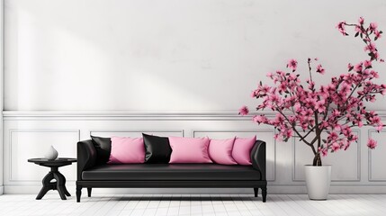 Inspiring mockup setup with a white wall, luxurious black sofa, contrasting pink pillows, and lively pink sakura tree.