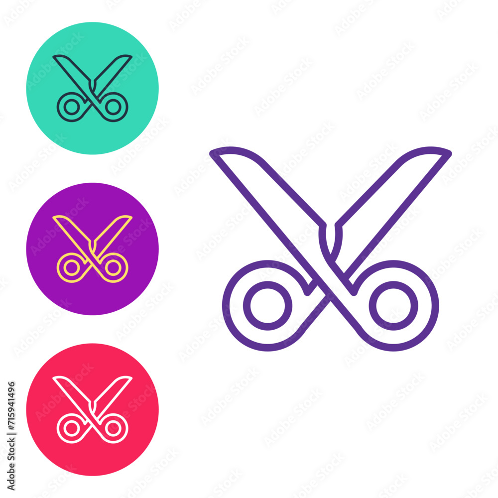 Poster Set line Scissors icon isolated on white background. Cutting tool sign. Set icons colorful. Vector