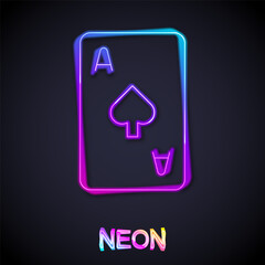 Glowing neon line Playing card with spades symbol icon isolated on black background. Casino gambling. Vector