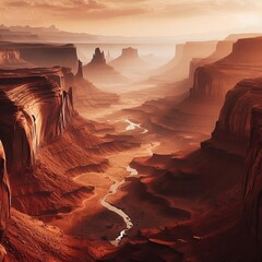 A narrow and deep canyon with rust-red walls. A river runs through the bottom of the canyon. The sun shines down from the top of the canyon, creating dramatic shadows.
