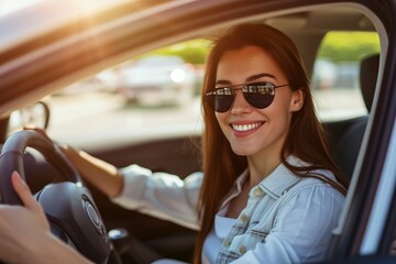 attractive woman driving her car with glasses