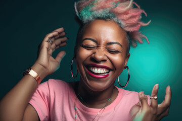 Obraz premium Happy young African American woman with raising her arms