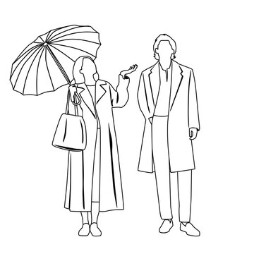 Silhouettes of man and woman with umbrella, couple, linear sketch, black color, vector, people in coat, students, flat icon design concept isolated on white background