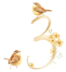 Spring watercolor illustration. Watercolor number three with bright bird and golden flowers. Great for print, birthday parties for kids, gifts, invitations, calendars