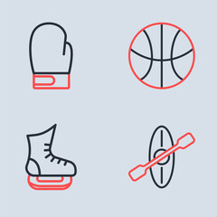 Set line Basketball ball, Skates, Kayak and paddle and Boxing glove icon. Vector