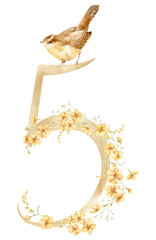 Watercolor number five with bright bird and yellow little flowers. Great for print, birthday parties for kids, gifts, invitations, calendars