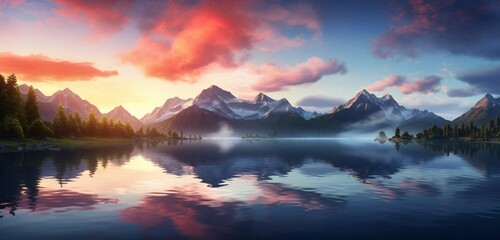 Mesmerizing secluded mountain lake reflecting a cloud-streaked sky at golden hour.