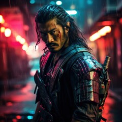 portrait of samurai with a sword and a sword in the rain created with Generative AI