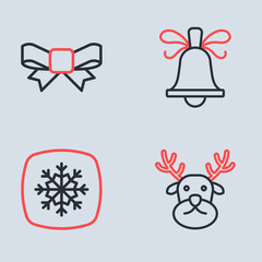Set line Christmas ringing bell, Snowflake, Reindeer and Gift bow icon. Vector
