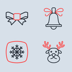 Set line Christmas ringing bell, Snowflake, Reindeer and Gift bow icon. Vector