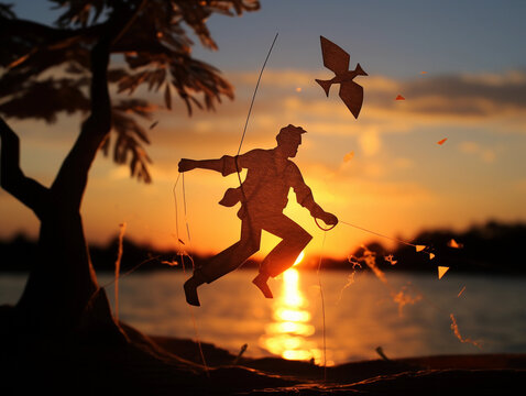Papercut illustration of a person with kite at sunset 