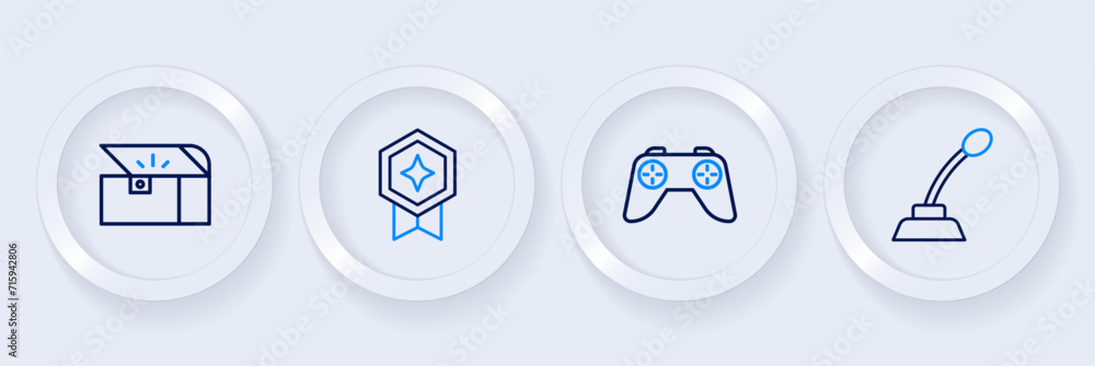 Poster set line microphone, game controller or joystick, rating with medal and chest for game icon. vector