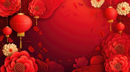 Chinese new year background with red lanterns, paper art and craft style