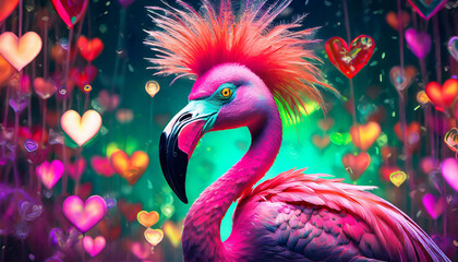 Punk rock flamingo with a mohawk, valentine hearts