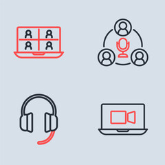 Set line Meeting, Headphones, Video chat conference and icon. Vector