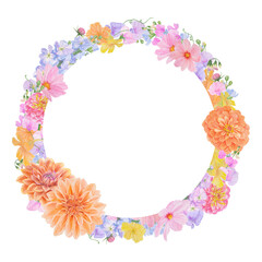 Watercolor botanical colourful round frame of summer and autumn flowers: dahlia, zinnia, lathyrus, gillyflower, nasturtium, cosmos. Good for wedding print products, paper, invitations, greetings