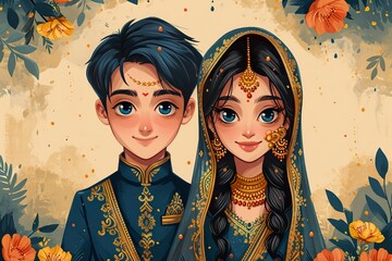 bengali Bride and groom cute couple in traditional indian dress cartoon character - obrazy, fototapety, plakaty