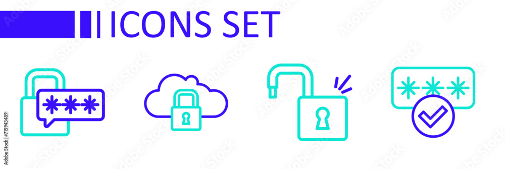 Poster set line password protection, open padlock, cloud computing and cyber security icon. vector