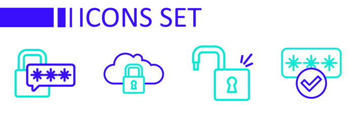 Set line Password protection, Open padlock, Cloud computing and Cyber security icon. Vector