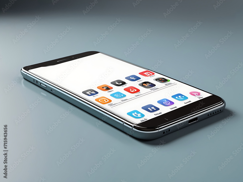 Poster smartphone mockup with social media icons in realistic 3d rendering. blank screen template design.