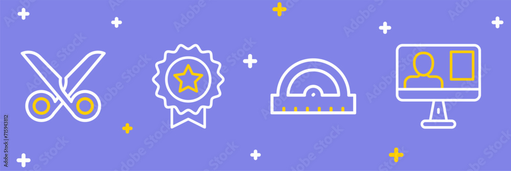 Poster set line online class, protractor grid, medal with star and scissors icon. vector