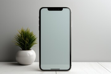 Elegant Smartphone with Blank Screen and Houseplant on Marble Surface - obrazy, fototapety, plakaty
