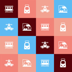 Set pop art Passenger train cars, Train and railway, Handcar transportation and High-speed icon. Vector