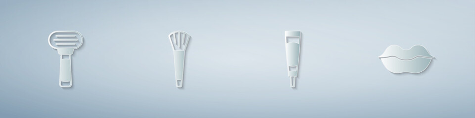 Set Shaving razor, Makeup brush, Cream lotion cosmetic tube and Smiling lips. Paper art style. Vector