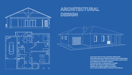 Perspective 3D, floor plan and cross section suburban house. Drawing of the modern building. Cottage project on blue background. Vector architectural blueprint. - obrazy, fototapety, plakaty