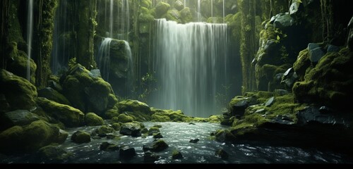Surreal waterfall defying gravity, flowing upwards into a floating lake surrounded by rocks covered in hyper-realistic, iridescent moss. Gravity. - obrazy, fototapety, plakaty